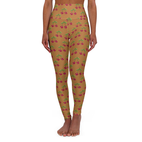 Brown Cherries Print Women's Tights, High Waisted Yoga Leggings