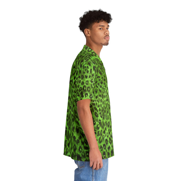 Green Leopard Men's Shirt, Best  Animal Print  Men's Hawaiian Shirt