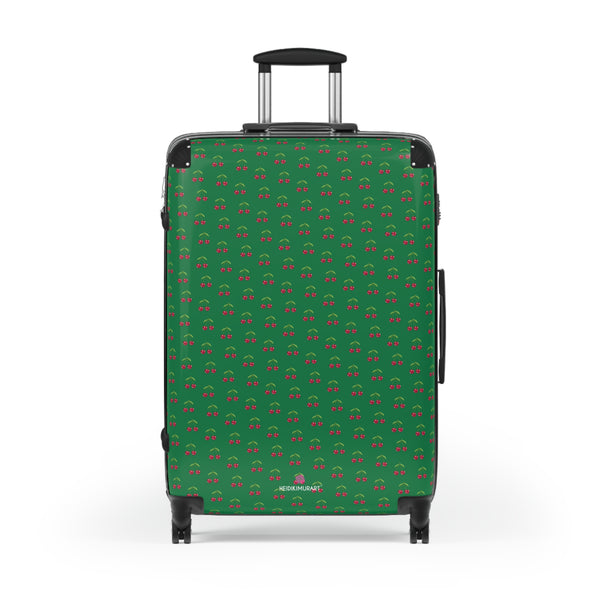 Green Cherry Print Suitcase, Cute Red Cherries Print Designer Suitcases, Travel Bag Suitcases