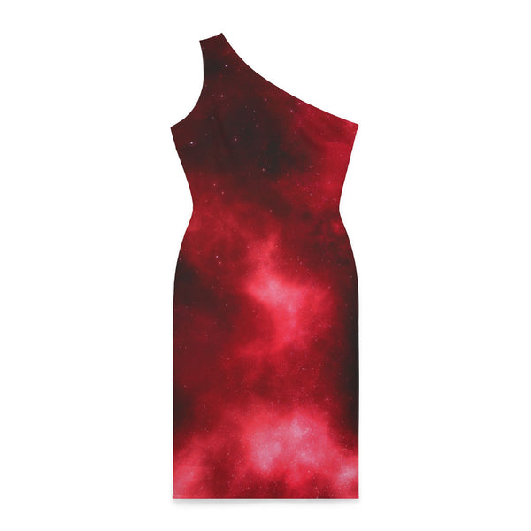 Red Abstract Women's Shoulder Dress, Galaxy Red Abstract Galaxy Print Best Knee-Length Fitted Stretchy Designer Off-The-Shoulder Sleeveless Dress &nbsp;- Made in USA (US Size: XS-XL)