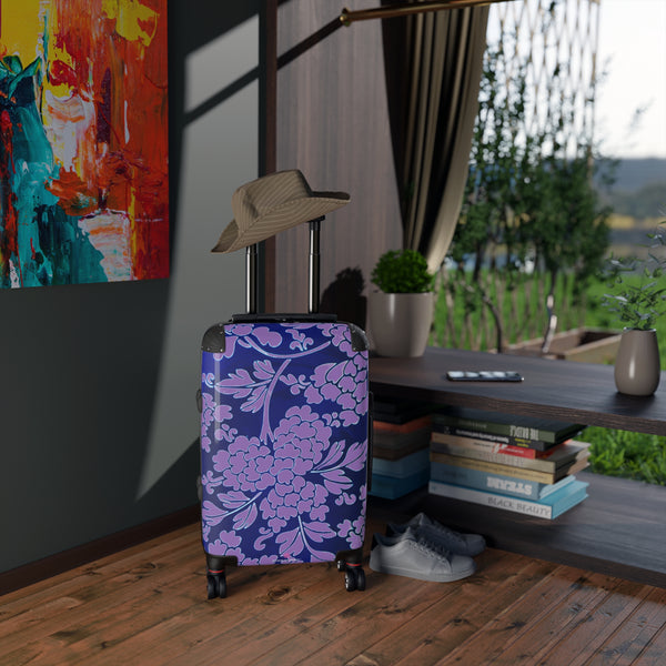 Purple Blue Floral Print Suitcase, Abstract Oriental Style Floral Print Designer Suitcases, Travel Bag Suitcases (Small, Medium, Large)