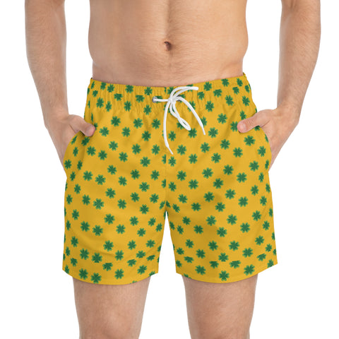 Yellow Clover Leaf Swim Trunk, Colorful Green St. Patrick's Day Best Designer Green Clover Leaves Print Swim Trunks For Men (US Size: XS-3XL) Designer Mid-Length Shorts Beach Pockets Mesh Lining Drawstring Luxury Cool Guys Casual Bathing Suit Plus Size Available Swimwear For Men