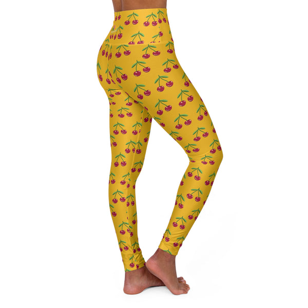 Yellow Cherries Print Women's Tights, High Waisted Yoga Leggings