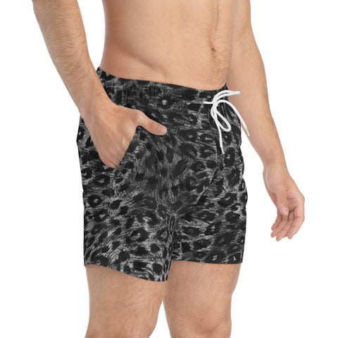 Grey Leopard Men's Swim Trunks, Grey Best Designer Leopard Animal Print Swim Trunks For Men (US Size: XS-3XL) Animal Print Mid-Length Shorts Beach Pockets Mesh Lining Drawstring Luxury Cool Guys Casual Bathing Suit Plus Size Available Swimwear For Men