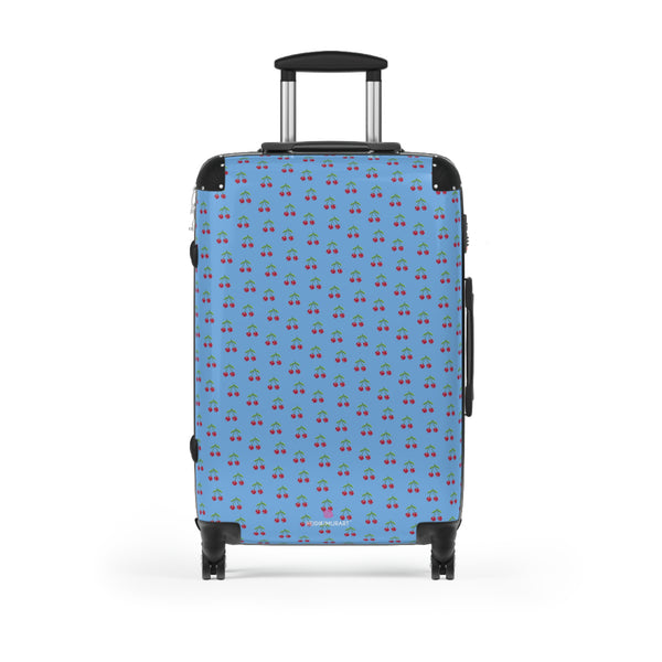 Blue Cherry Print Suitcase, Red Cherries Print Designer Suitcases, Travel Bag Suitcases