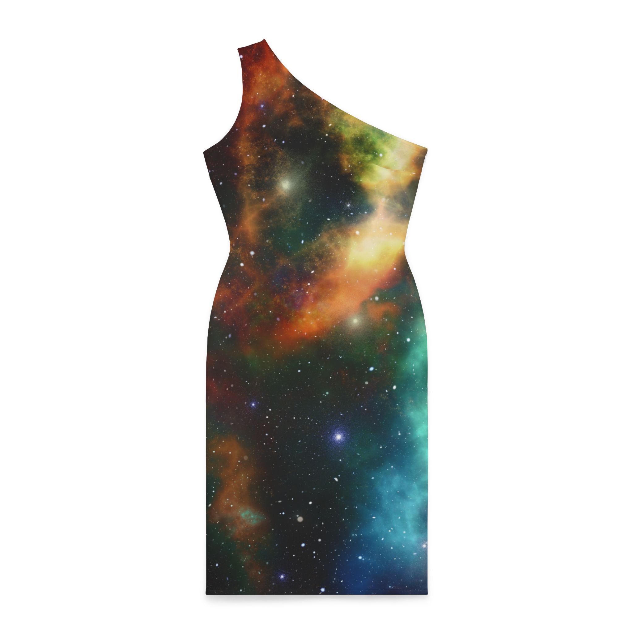 Multi-Colored Abstract Women's Shoulder Dress, Galaxy Colorful Abstract Space Print Best Knee-Length Fitted Stretchy Designer Off-The-Shoulder Sleeveless Dress &nbsp;- Made in USA (US Size: XS-XL)