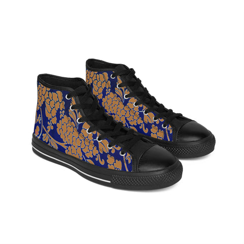 Beige Floral  Men's High Tops, Blue Floral Print Best Designer Men's Classic Sneakers