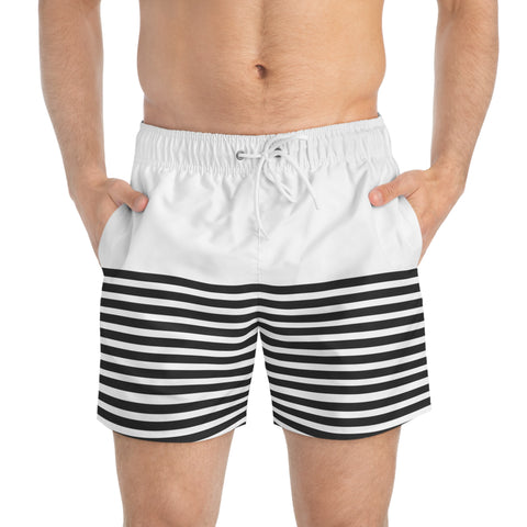 Black White Striped Men's Swimwear, Best Horizontally Striped&nbsp;Print Swim Trunks For Men (US Size: XS-3XL)&nbsp;Striped Print Mid-Length Shorts Beach Pockets Mesh Lining Drawstring Luxury Cool Guys Casual Bathing Suit Plus Size Available Swimwear For Men