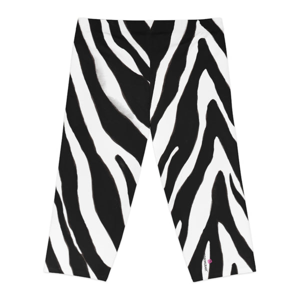 Zebra Print Women's Capri Leggings, Zebra Striped Animal Print American-Made Best Designer Premium Quality Knee-Length Mid-Waist Fit Knee-Length Polyester Capris Tights-Made in USA (US Size: XS-2XL) Plus Size Available