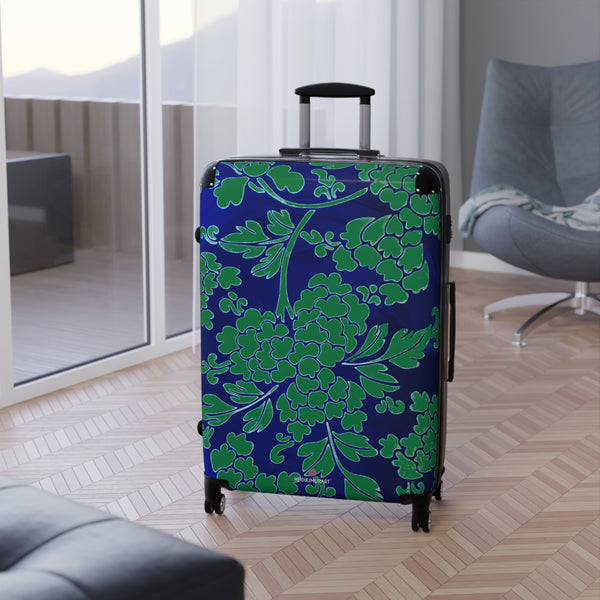 Green Blue Floral Print Suitcase, Abstract Oriental Style Print Designer Suitcases, Travel Bag Suitcases (Small, Medium, Large)