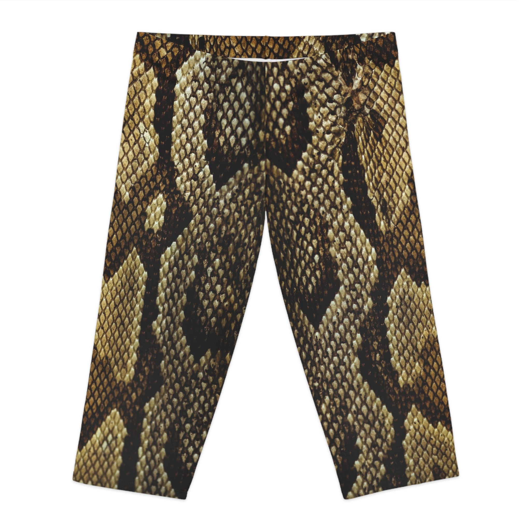 Snake Print Women's Capri Leggings, Reptile Snake Print American-Made Best Designer Premium Quality Knee-Length Mid-Waist Fit Knee-Length Polyester Capris Tights-Made in USA (US Size: XS-2XL) Plus Size Available