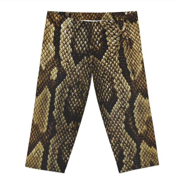 Snake Print Women's Capri Leggings, Reptile Snake Print American-Made Best Designer Premium Quality Knee-Length Mid-Waist Fit Knee-Length Polyester Capris Tights-Made in USA (US Size: XS-2XL) Plus Size Available