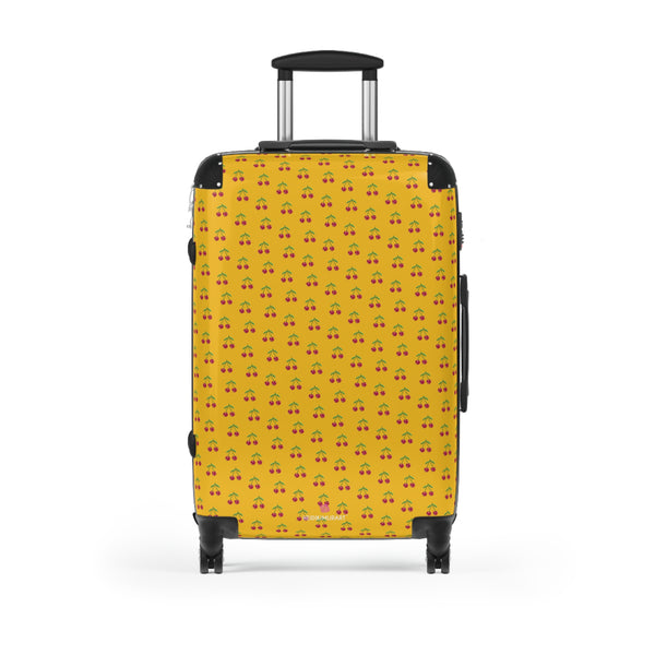 Yellow Cherry Print Suitcase, Cute Red Cherries Print Designer Suitcases, Travel Bag Suitcases