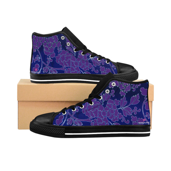 Purple  Floral  Men's High Tops, Dark Purple and Blue Floral Best Designer Men's Classic Sneakers