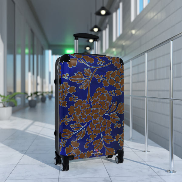 Brown Blue Floral Print Suitcase, Abstract Print Designer Suitcases, Travel Bag Suitcases (Small, Medium, Large)