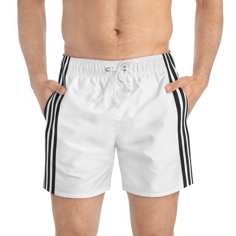 Black White Striped Men's Swimwear, Best Vertically Striped Print Swim Trunks For Men (US Size: XS-3XL) Striped Print Mid-Length Shorts Beach Pockets Mesh Lining Drawstring Luxury Cool Guys Casual Bathing Suit Plus Size Available Swimwear For Men