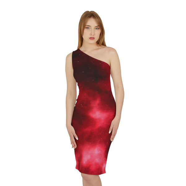 Red Abstract Women's Shoulder Dress, Galaxy Red Abstract Galaxy Print Best Knee-Length Fitted Stretchy Designer Off-The-Shoulder Sleeveless Dress &nbsp;- Made in USA (US Size: XS-XL)