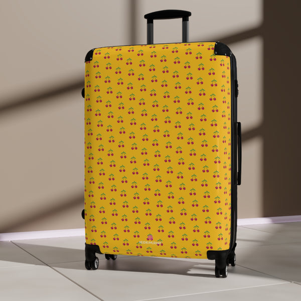 Yellow Cherry Print Suitcase, Cute Red Cherries Print Designer Suitcases, Travel Bag Suitcases