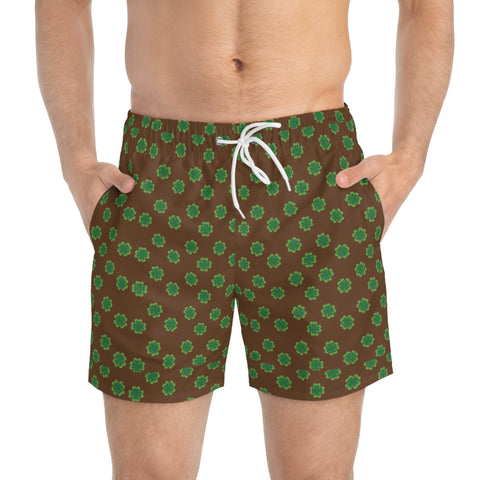 Brown Clover Leaf Swim Trunk, Colorful Green St. Patrick's Day Best Designer Green Clover Leaves Print Swim Trunks For Men (US Size: XS-3XL) Designer Mid-Length Shorts Beach Pockets Mesh Lining Drawstring Luxury Cool Guys Casual Bathing Suit Plus Size Available Swimwear For Men