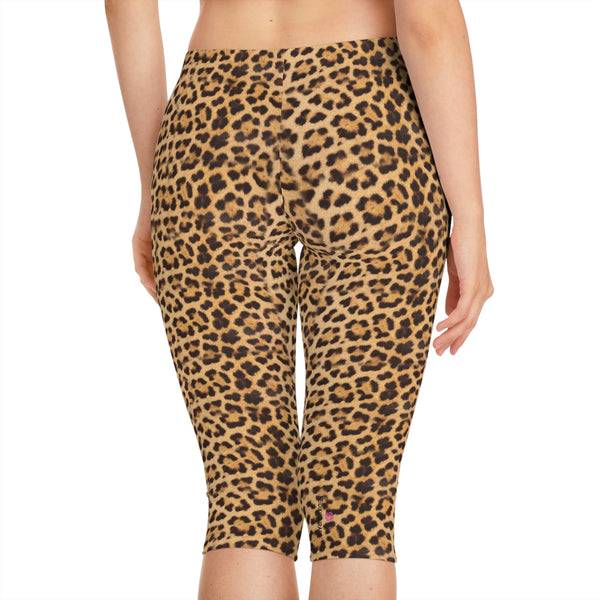 Brown Leopard Women's Capri Leggings, Modern Leopard Animal Print American-Made Best Designer Premium Quality Knee-Length Mid-Waist Fit Knee-Length Polyester Capris Tights-Made in USA (US Size: XS-2XL) Plus Size Available