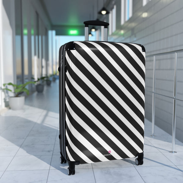 Black White Diagonal Striped Suitcases, Stripes Print Suitcases, Best Suitcases, Travel Bag Suitcases