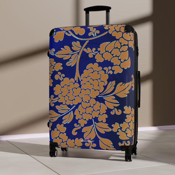 Brown Blue Floral Print Suitcase, Abstract Oriental Style Floral Print Designer Suitcases, Travel Bag Suitcases (Small, Medium, Large)