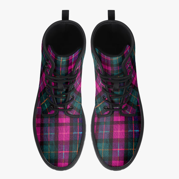 Pink Plaid Print Women's Boots, Pink &amp; Green Scottish Style Plaid Print Designer Best Water Resistant Anti-Moisture Durable Winter Boots For Women (US Size 5.5-12) Pink Plaid Women's Canvas Boots, Pink &amp; Green Scottish Style Plaid Classic Print Elegant Feminine Casual Fashion Gifts,&nbsp;Pink Plaid Print&nbsp;Shoes For Plaid Lovers, Water Resistant Anti-Moisture Combat Boots, Designer Women's Winter Lace-up Toe Cap Hiking Boots Shoes For Women