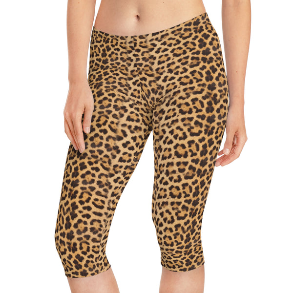 Brown Leopard Women's Capri Leggings, Modern Leopard Animal Print American-Made Best Designer Premium Quality Knee-Length Mid-Waist Fit Knee-Length Polyester Capris Tights-Made in USA (US Size: XS-2XL) Plus Size Available