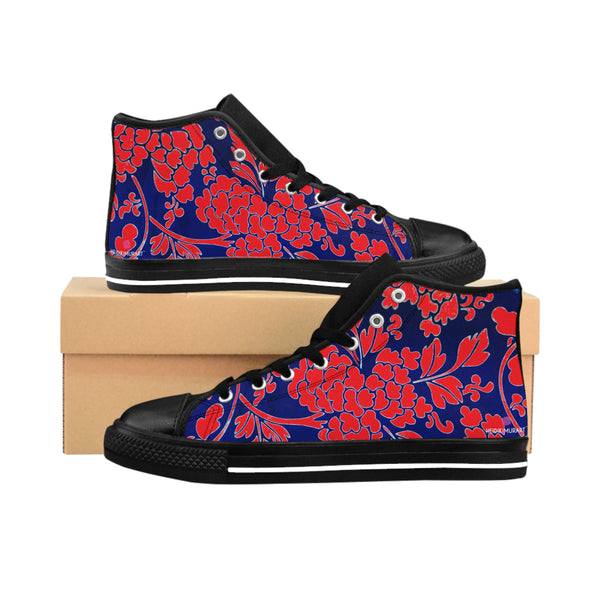 Red Floral  Men's High Tops, Red and Blue Floral Best Designer Men's Classic Sneakers