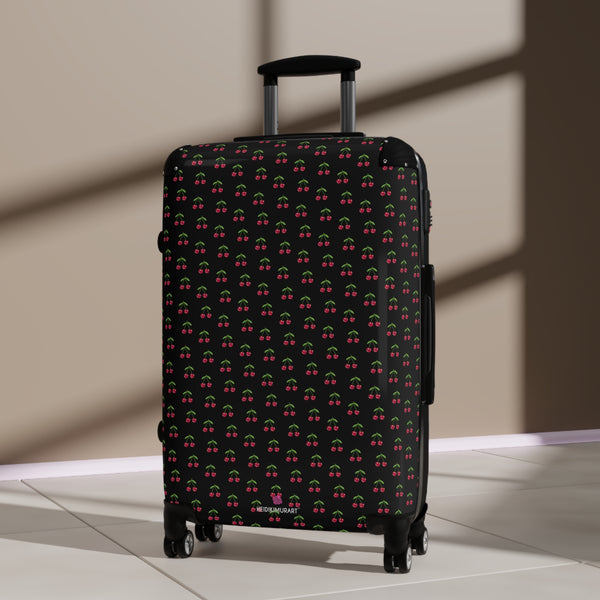 Black Cherry Print Suitcase, Cute Red Cherries Print Designer Suitcases, Travel Bag Suitcases