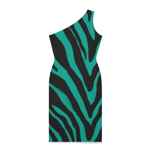 Turquoise Blue Zebra Shoulder Dress, Zebra Pattern Women's Shoulder Dress, Blue and Black Best Knee-Length Fitted Stretchy Designer Animal Print Off-The-Shoulder Sleeveless Dress &nbsp;- Made in USA (US Size: XS-XL)