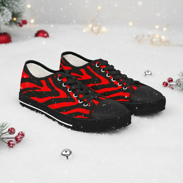 Red Zebra Print Women's Sneakers, Red and Black Zebra Striped Animal Print Women's Low Top Sneakers (US Size: 5.5-12)