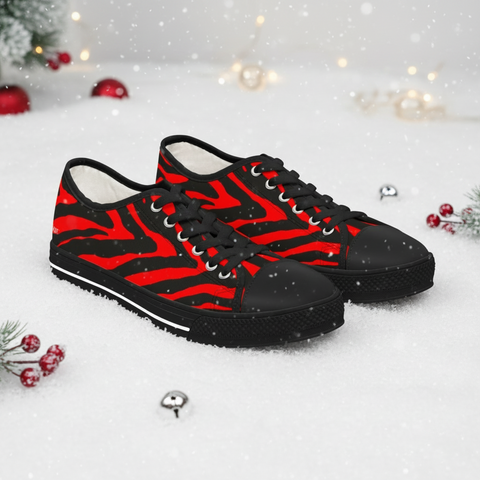 Red Zebra Print Women's Sneakers, Red and Black Zebra Striped Animal Print Women's Low Top Sneakers (US Size: 5.5-12)