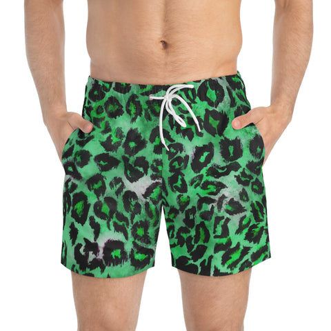 Green Leopard Men's Swim Trunks, Green Best Designer Leopard Animal Print Swim Trunks For Men (US Size: XS-3XL) Animal Print Mid-Length Shorts Beach Pockets Mesh Lining Drawstring Luxury Cool Guys Casual Bathing Suit Plus Size Available Swimwear For Men