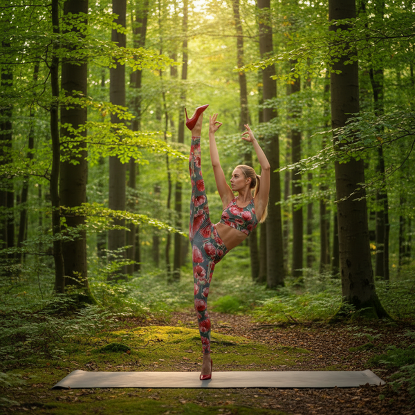 A woman in a floral print activewear set performs a high yoga pose on a forest path, with sunlight filtering through the green trees behind her.
