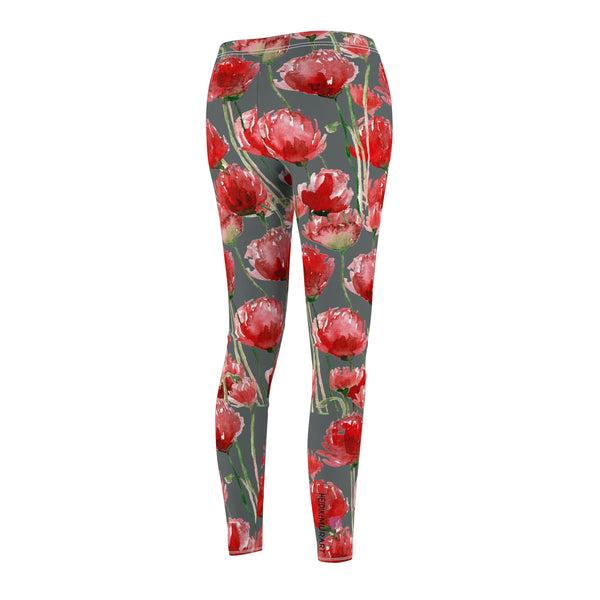 Brown Poppy Floral Casual Tights, Women's Floral Casual Leggings