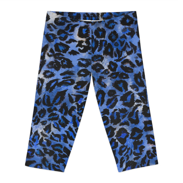 Blue Leopard Women's Capri Leggings, Modern Leopard Animal Print American-Made Best Designer Premium Quality Knee-Length Mid-Waist Fit Knee-Length Polyester Capris Tights-Made in USA (US Size: XS-2XL) Plus Size Available