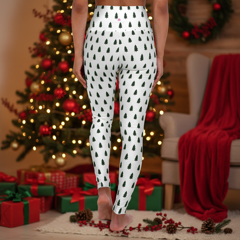 White Christmas Tree Yoga Tights,  Brown High Waisted Women's Yoga Leggings