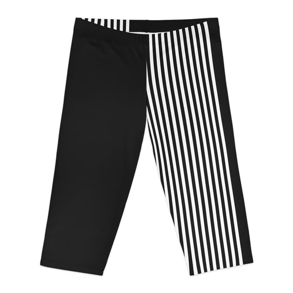 White Black Striped Women's Tights, Best Vertical Striped Print Women's Capri Leggings