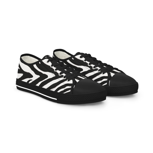 Black Zebra Print Men's Sneakers, Zebra Striped Animal Print Modern Minimalist Best Breathable Designer Men's Low Top Canvas Fashion Sneakers With Durable Rubber Outsoles and Shock-Absorbing Layer and Memory Foam Insoles (US Size: 5-14)