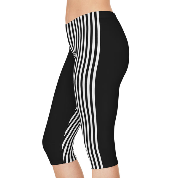 White Black Striped Women's Tights, Best Vertical Striped Print Women's Capri Leggings