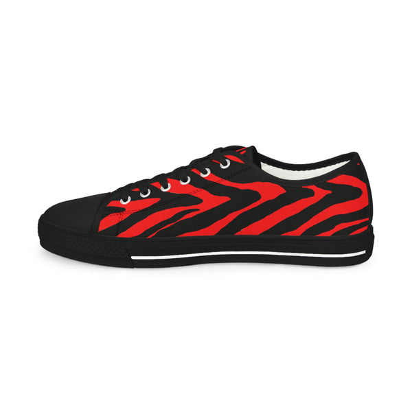 Red Zebra Print Men's Sneakers, Red and Black Zebra Striped Animal Print Modern Minimalist Best Breathable Designer Men's Low Top Canvas Fashion Sneakers With Durable Rubber Outsoles and Shock-Absorbing Layer and Memory Foam Insoles (US Size: 5-14)