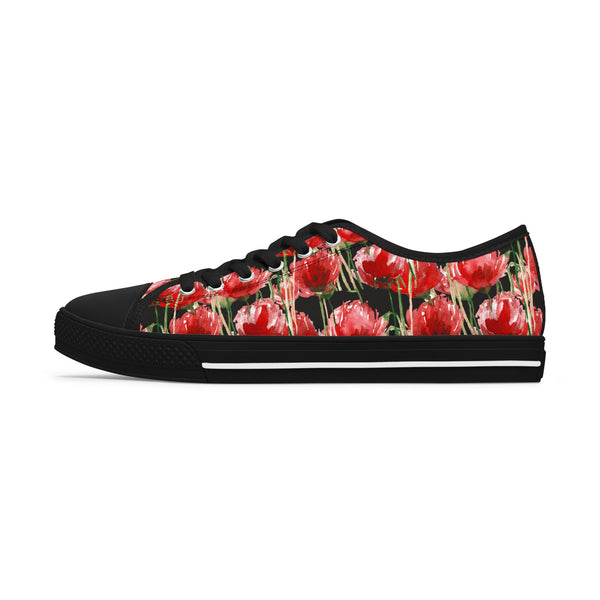 Black Red Tulips Women's Sneakers, Floral Print Women's Low Top Sneakers Tennis Shoes, Canvas Fashion Sneakers With Durable Rubber Outsoles and Shock-Absorbing Layer and Memory Foam Insoles&nbsp;(US Size: 5.5-12)