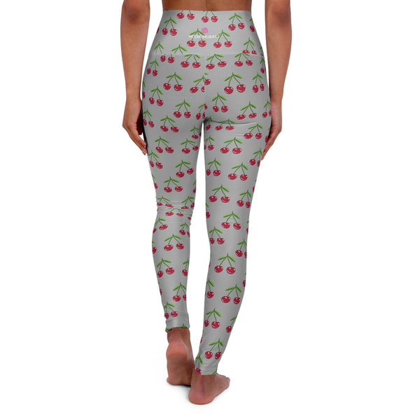 Grey Cherries Print Women's Tights, High Waisted Yoga Leggings
