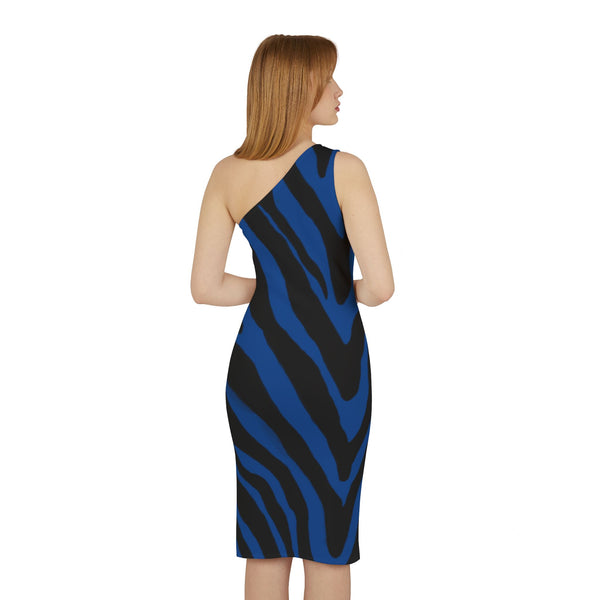 Blue Zebra Shoulder Dress, Zebra Pattern Women's Shoulder Dress, Blue and Black Best Knee-Length Fitted Stretchy Designer Animal Print Off-The-Shoulder Sleeveless Dress &nbsp;- Made in USA (US Size: XS-XL)