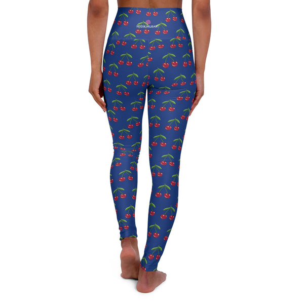 Cherries Print Blue Women's Tights, High Waisted Yoga Leggings