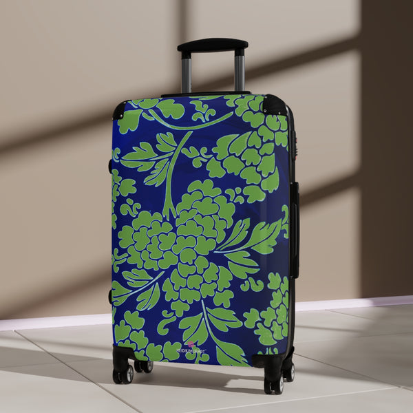 Green Blue Floral Print Suitcase, Abstract Oriental Style Floral Print Designer Suitcases, Travel Bag Suitcases (Small, Medium, Large)