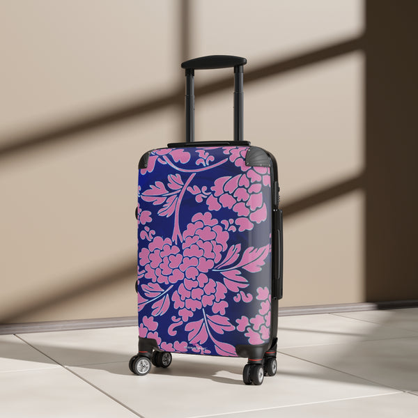 Pink Blue Floral Print Suitcase, Abstract Oriental Style Floral Print Designer Suitcases, Travel Bag Suitcases (Small, Medium, Large)