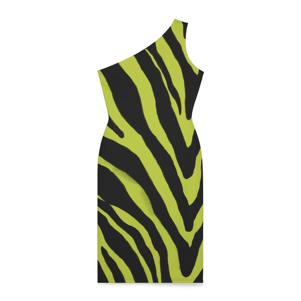 Yellow Zebra Shoulder Dress, Zebra Pattern Women's Shoulder Dress, White and Black Best Knee-Length Fitted Stretchy Designer Animal Print Off-The-Shoulder Sleeveless Dress &nbsp;- Made in USA (US Size: XS-XL)