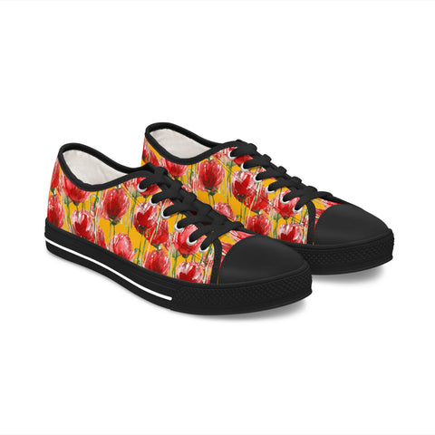 Yellow Red Tulips Women's Sneakers, Floral Print Women's Low Top Sneakers Tennis Shoes, Canvas Fashion Sneakers With Durable Rubber Outsoles and Shock-Absorbing Layer and Memory Foam Insoles&nbsp;(US Size: 5.5-12)